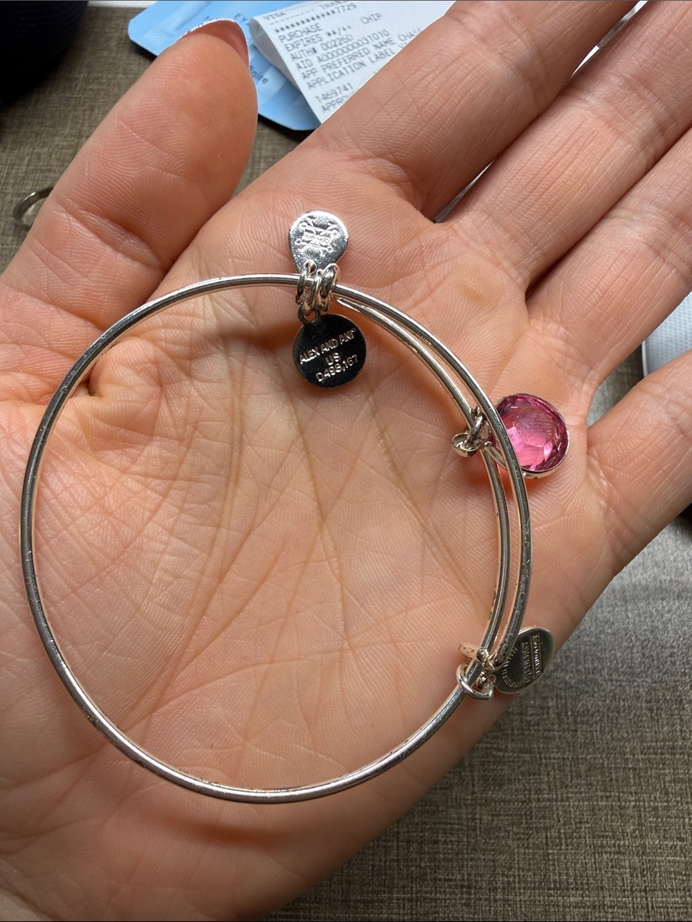 Alex and Ani Silver Bracelet with Pink Faceted Charm- birthstone October